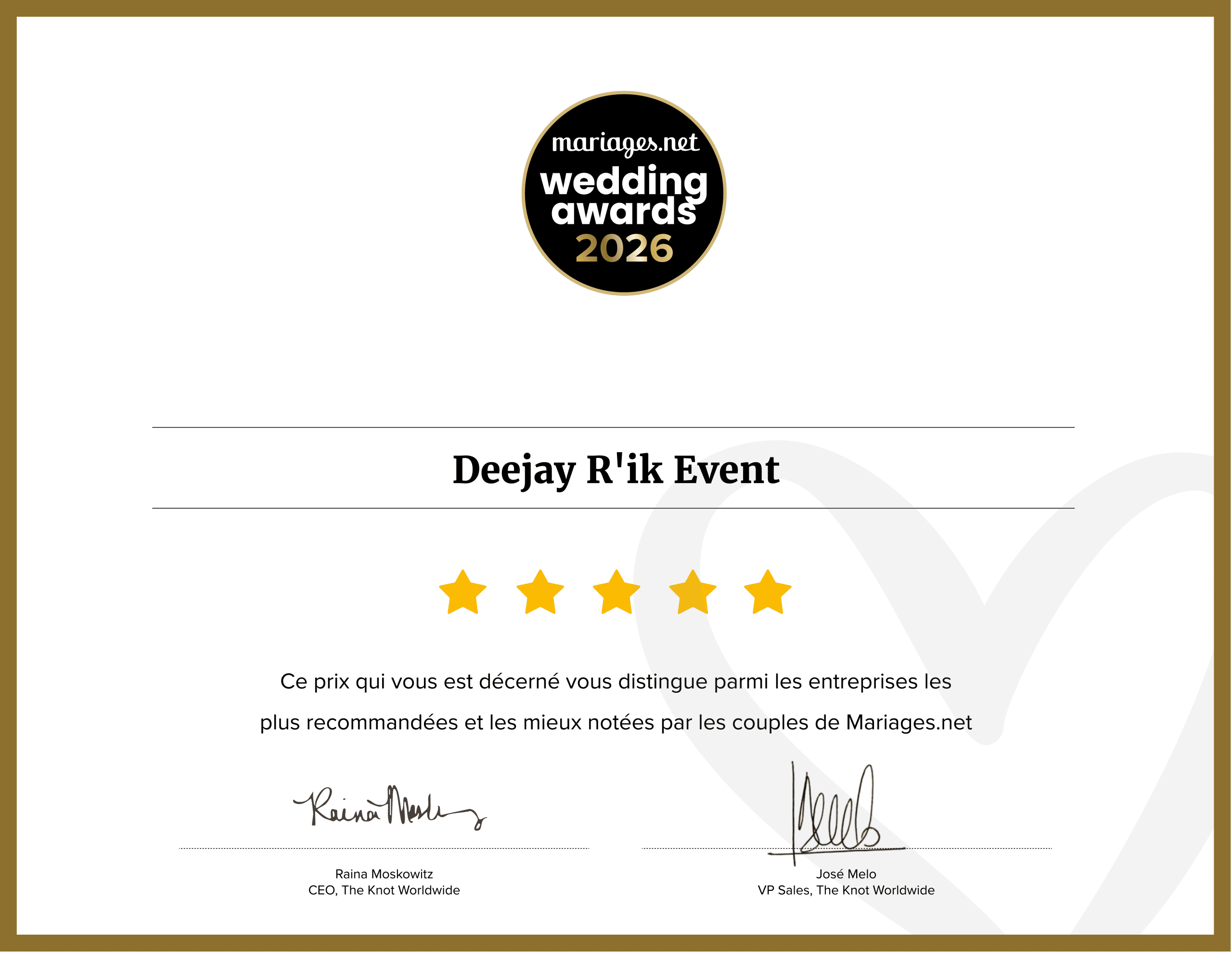 Récompense wedding awards de mariage - dj de mariage en Seine et marne